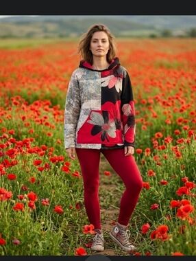 Upcycled Hoodie Vtg Quilt Blanket & Bold Flower S-L Handmade Dont Throw It Out